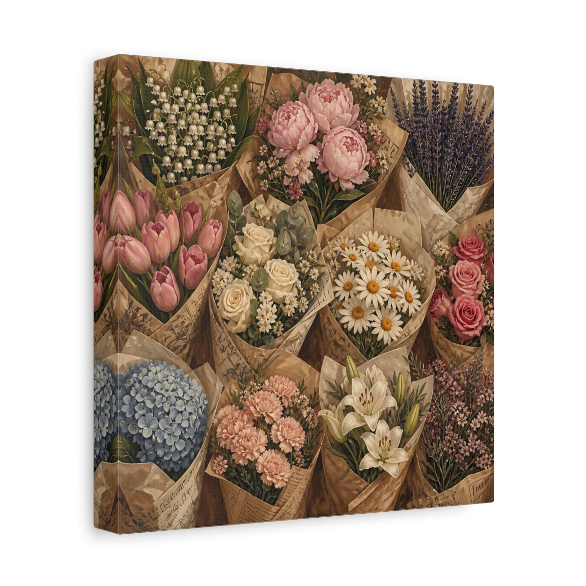 Side Mockup 9. Floral Flower Bouquets Vintage Flower Market shown as stretched canvas wall art