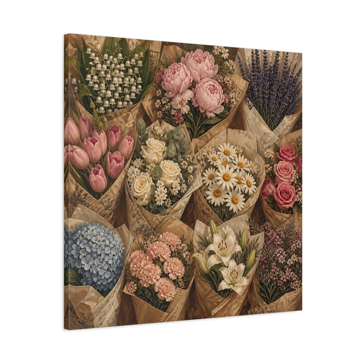 Side Mockup 3. Floral Flower Bouquets Vintage Flower Market shown as stretched canvas wall art