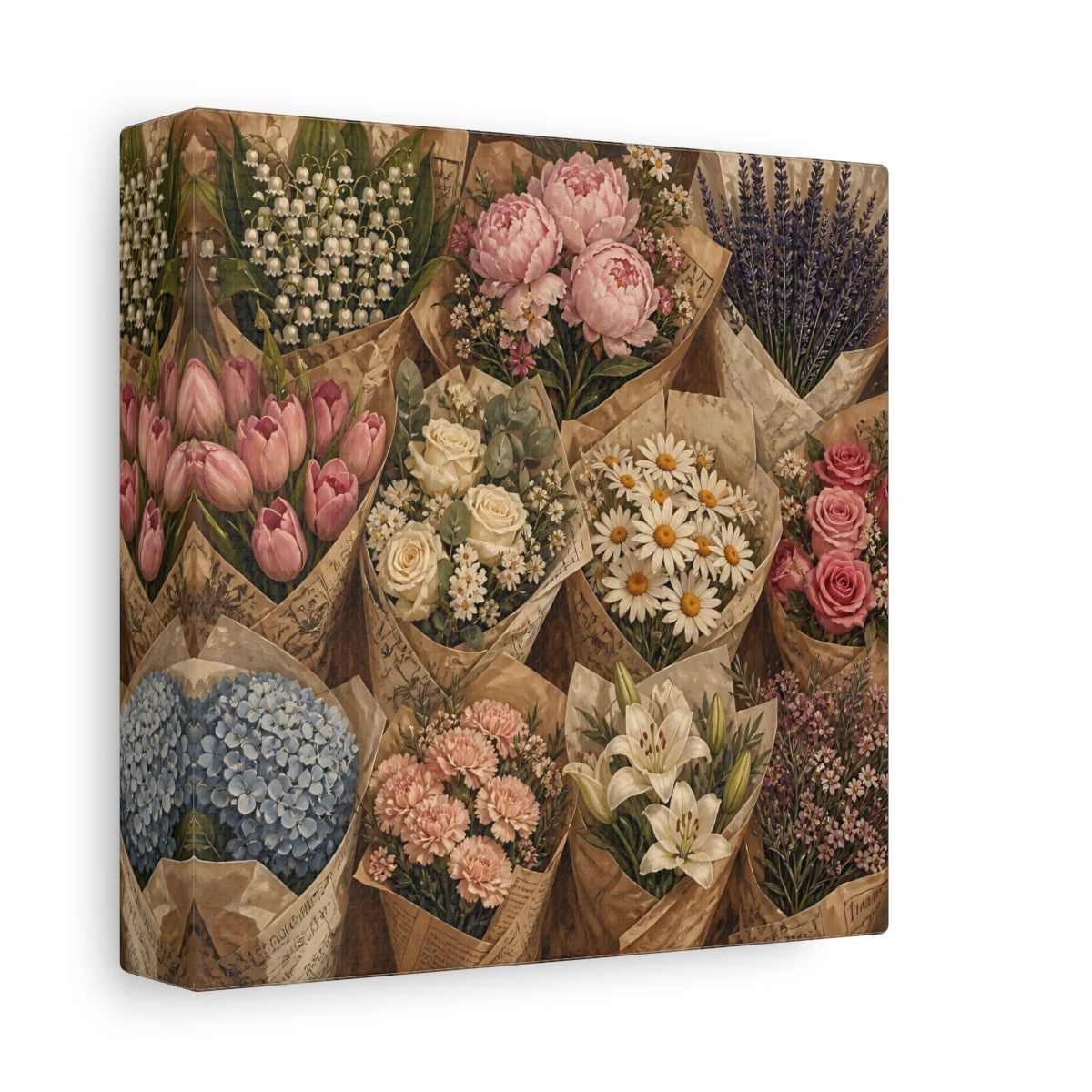 Side Mockup 2. Floral Flower Bouquets Vintage Flower Market shown as stretched canvas wall art