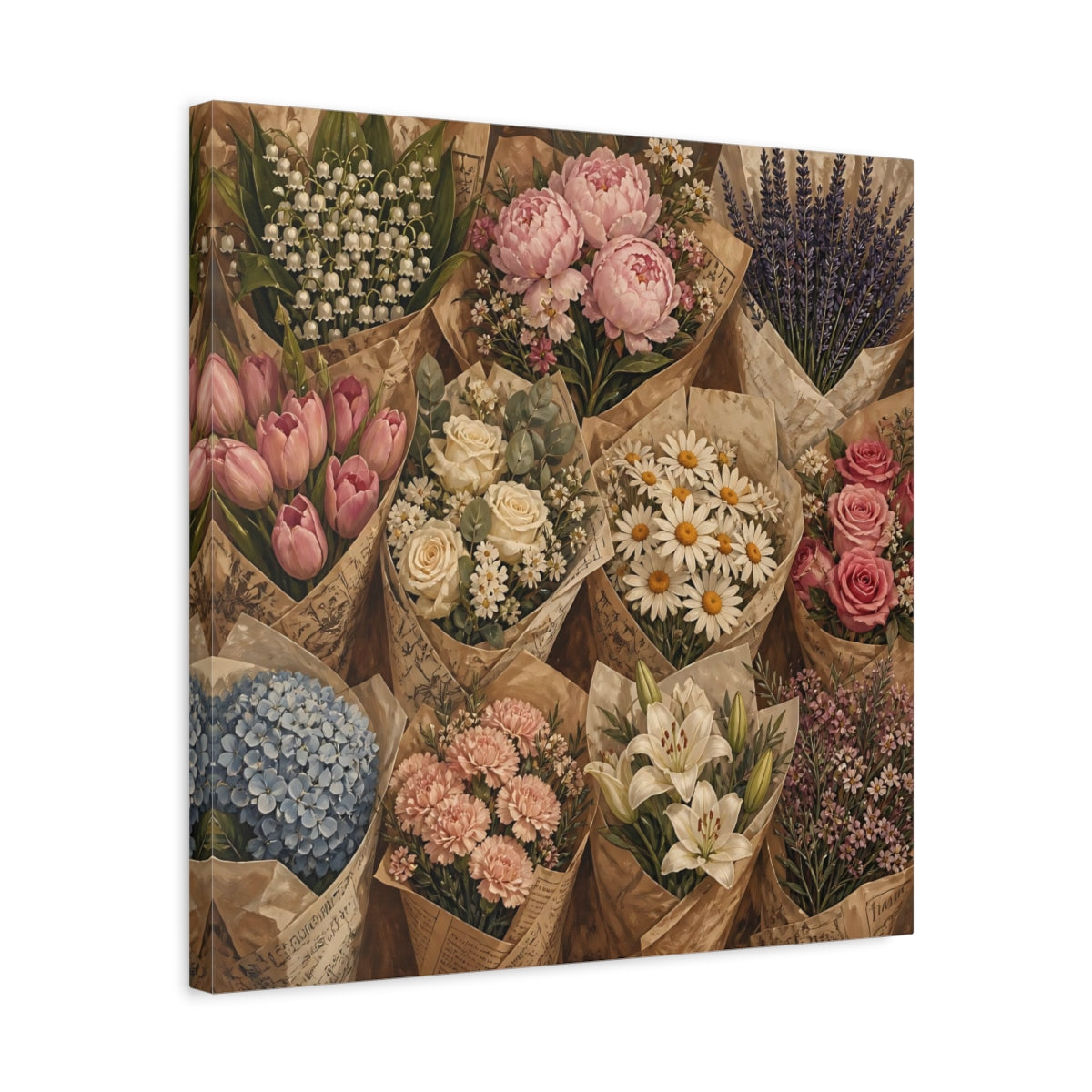 Side Mockup 5. Floral Flower Bouquets Vintage Flower Market shown as stretched canvas wall art