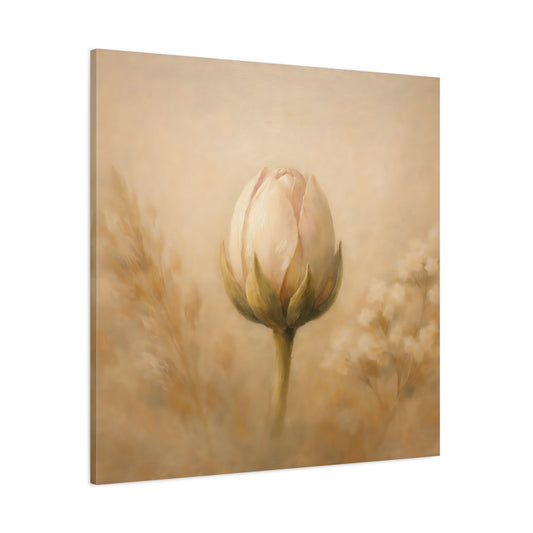 Main Mockup. Floral Flower Bud Beige Floral shown as stretched canvas wall art