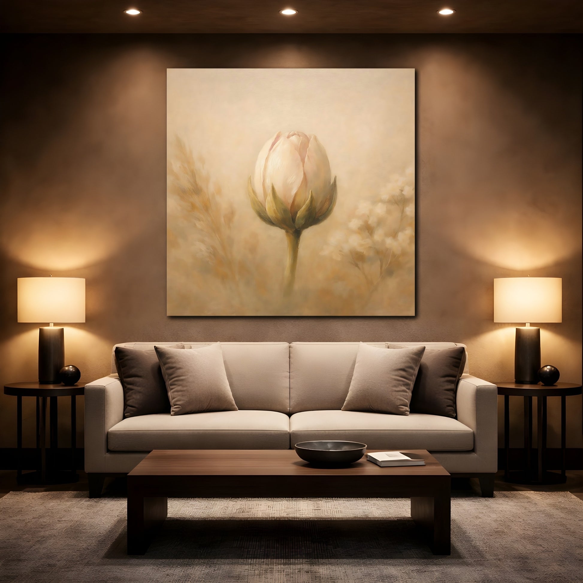 Mockup 2. Floral Flower Bud Beige Floral shown as stretched canvas wall art