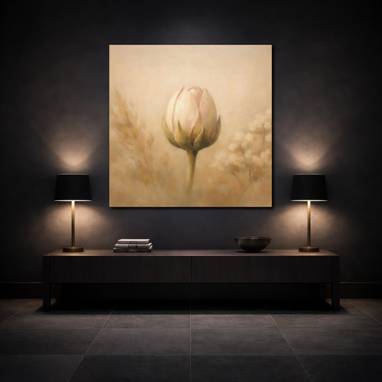 Mockup 3. Floral Flower Bud Beige Floral shown as stretched canvas wall art