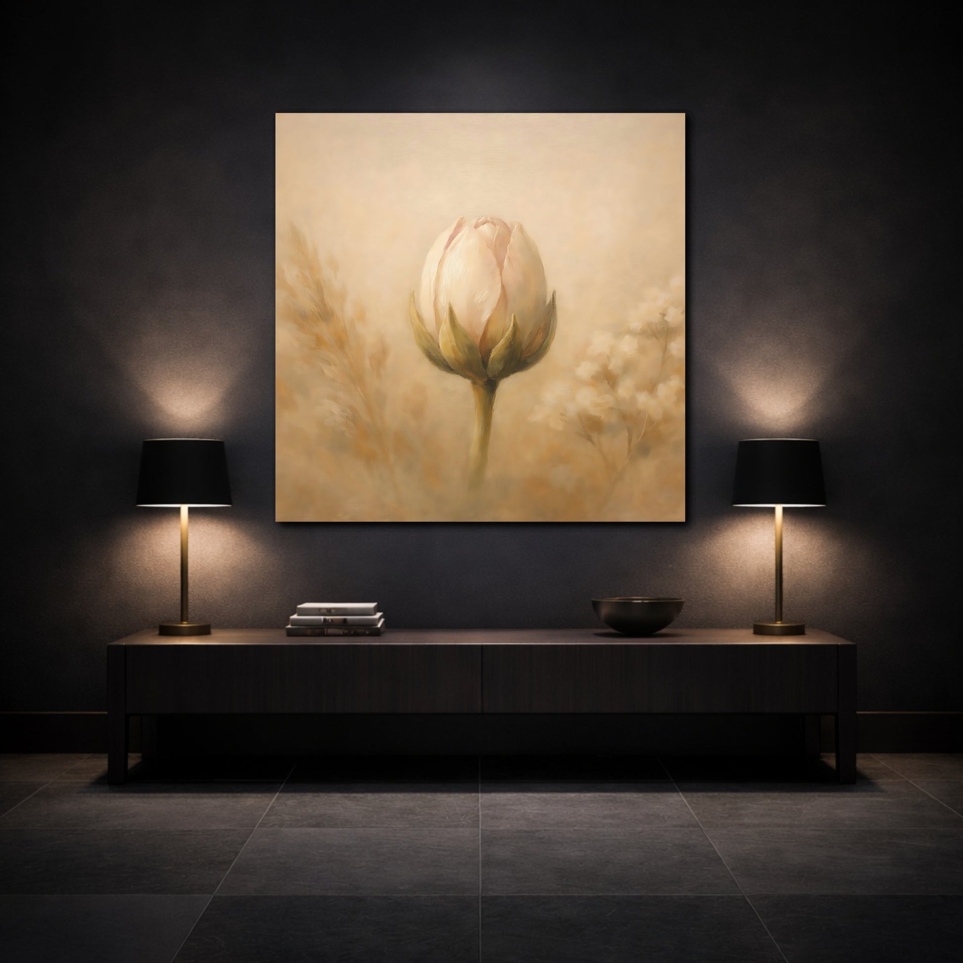 Mockup 3. Floral Flower Bud Beige Floral shown as stretched canvas wall art