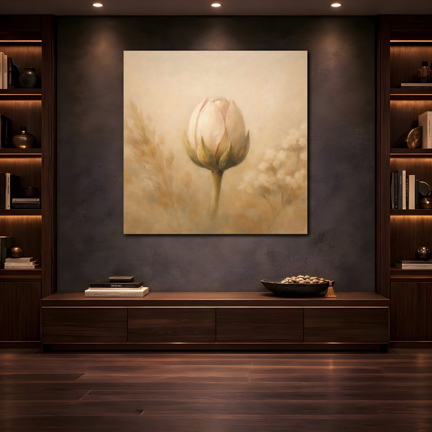 Mockup 4. Floral Flower Bud Beige Floral shown as stretched canvas wall art