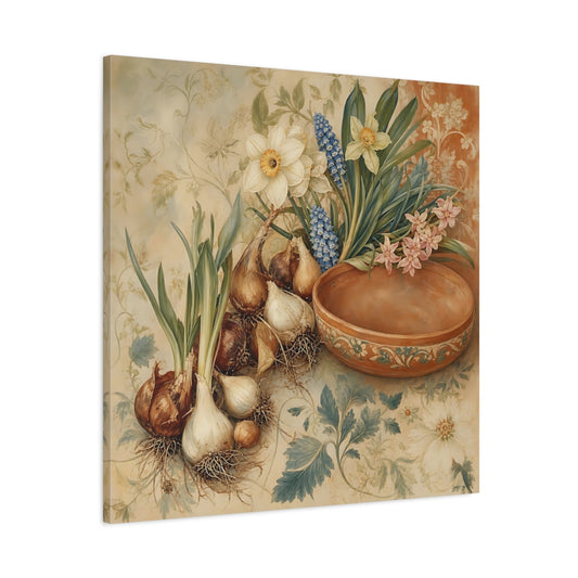 Main Mockup. Floral Flower Bulbs Vintage Floral shown as stretched canvas wall art