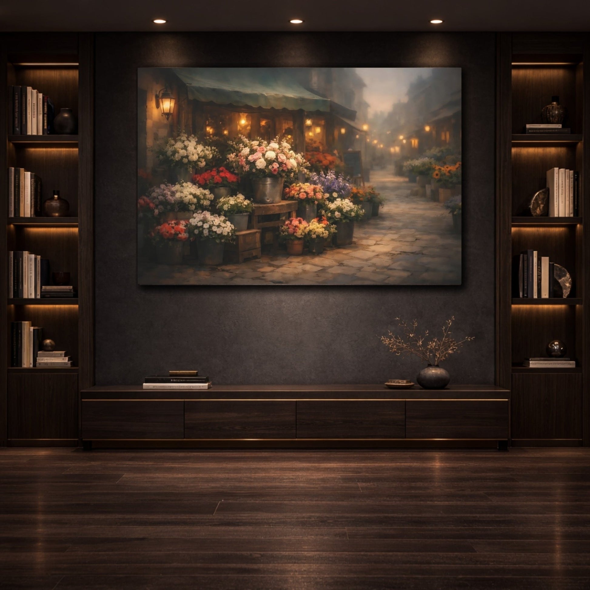 Floral Flower Market Evening Shop - Canvas Wall Art Print - YesArtYes