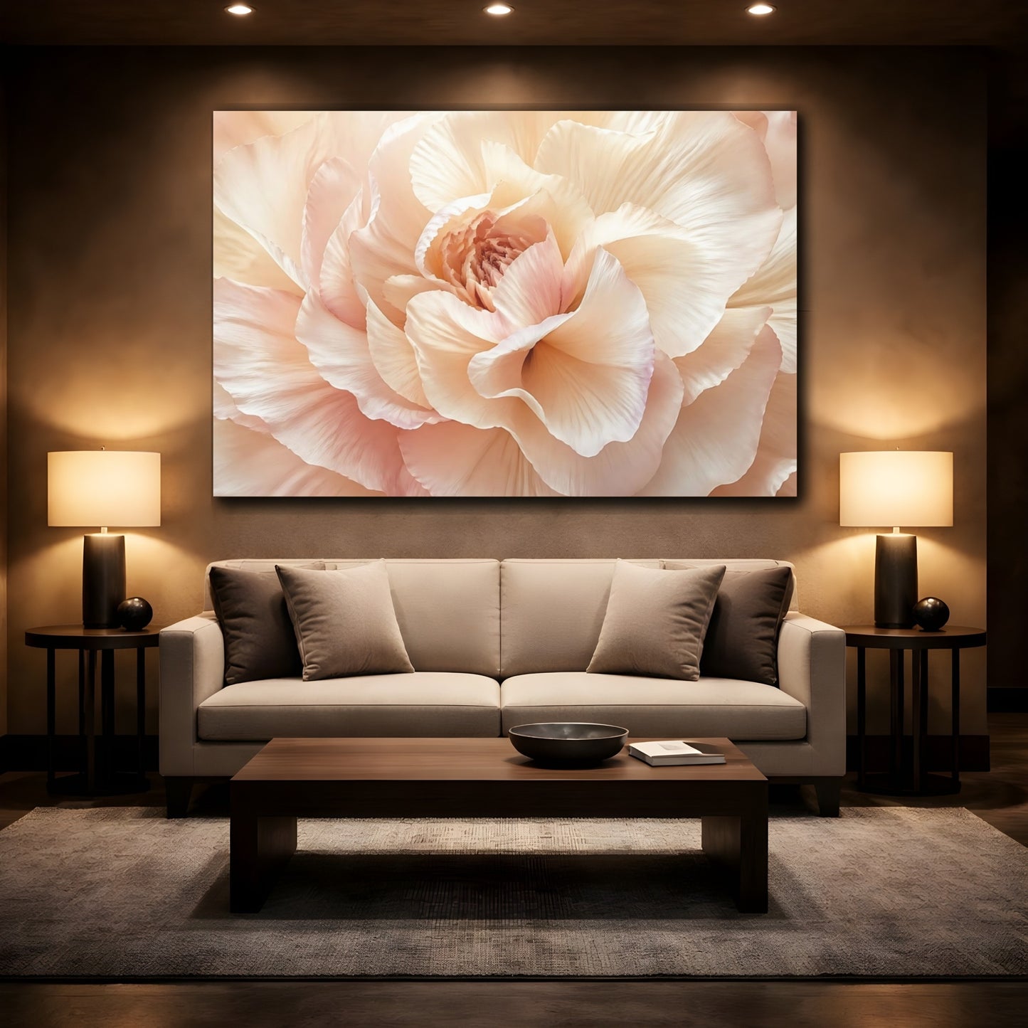Mockup 2. Floral Flower Pink And Beige shown as stretched canvas wall art