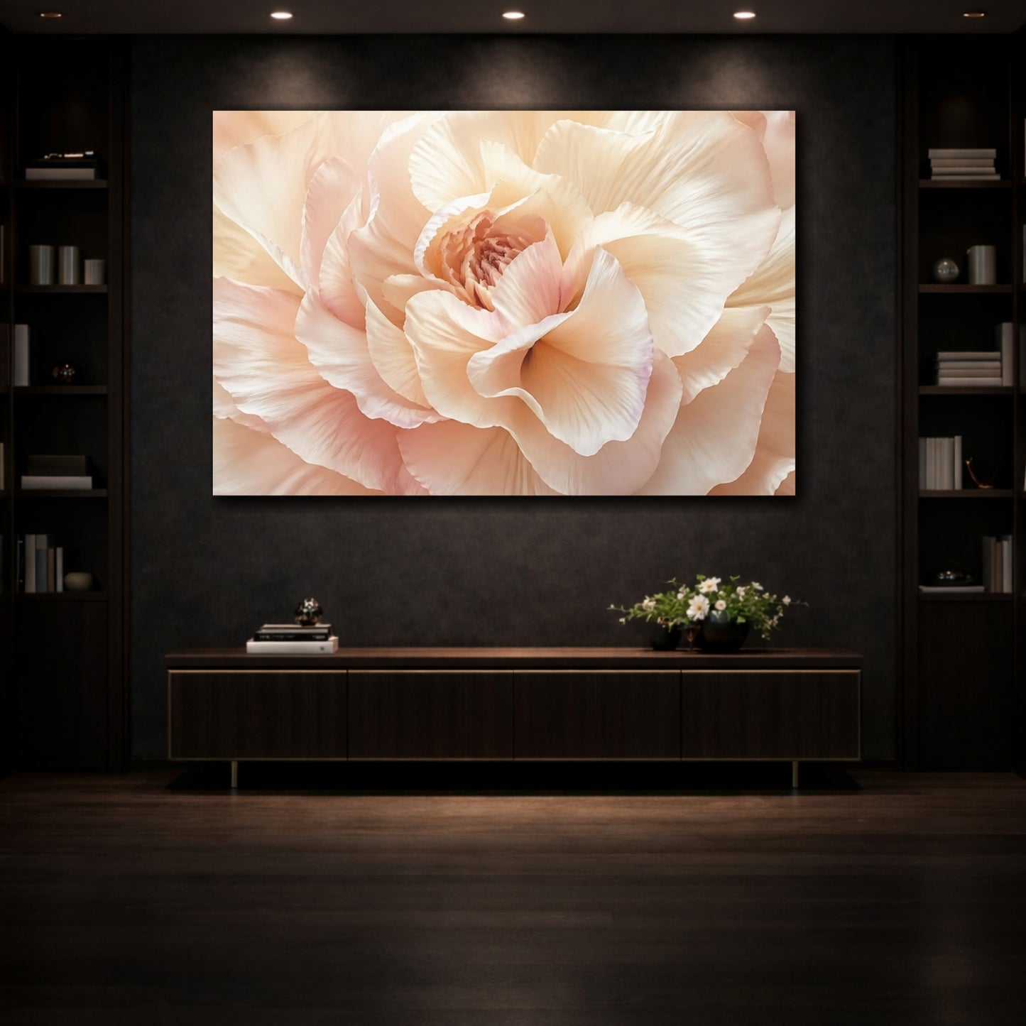 Mockup 3. Floral Flower Pink And Beige shown as stretched canvas wall art