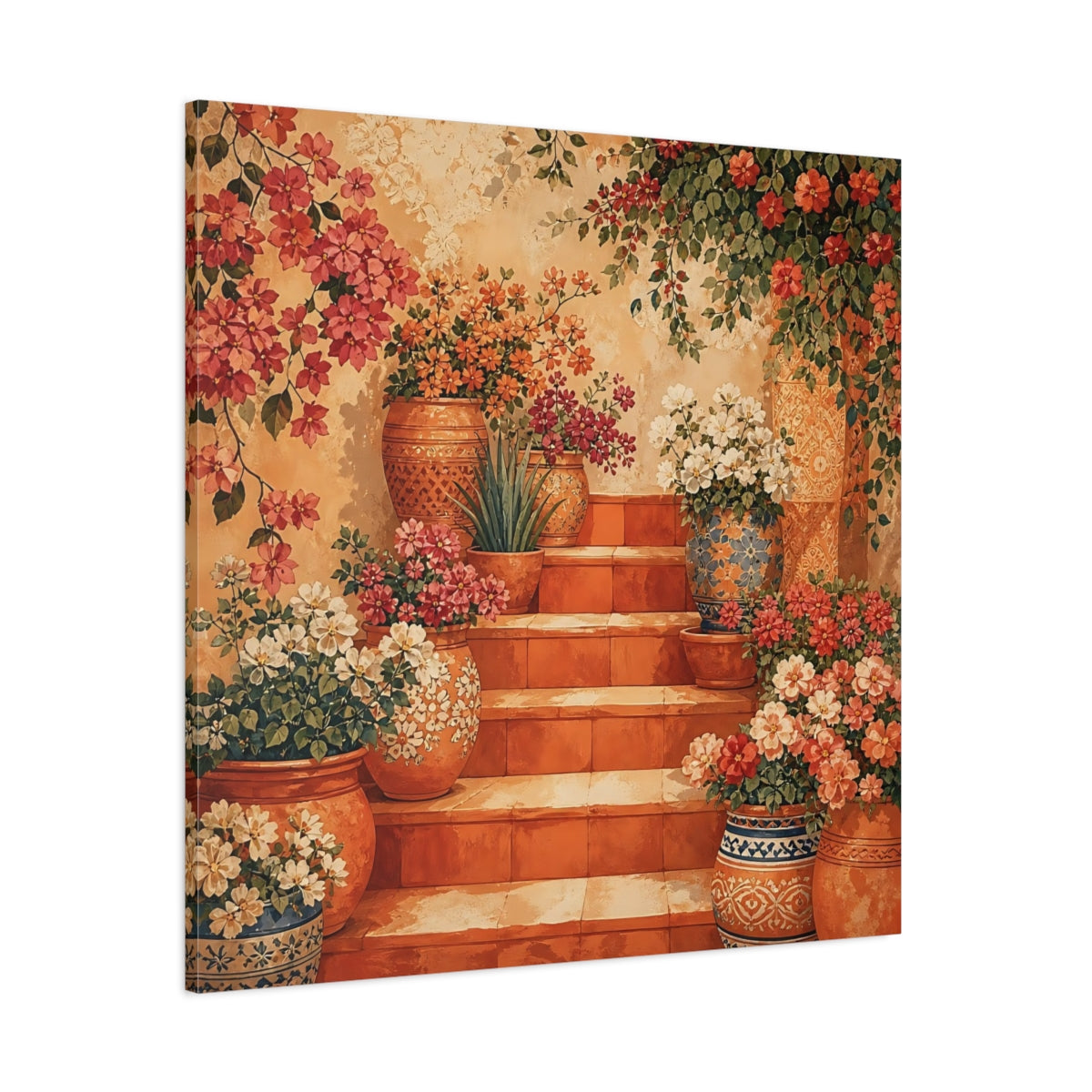 Side Mockup 1. Floral Flower Pots Terracotta Floral shown as stretched canvas wall art