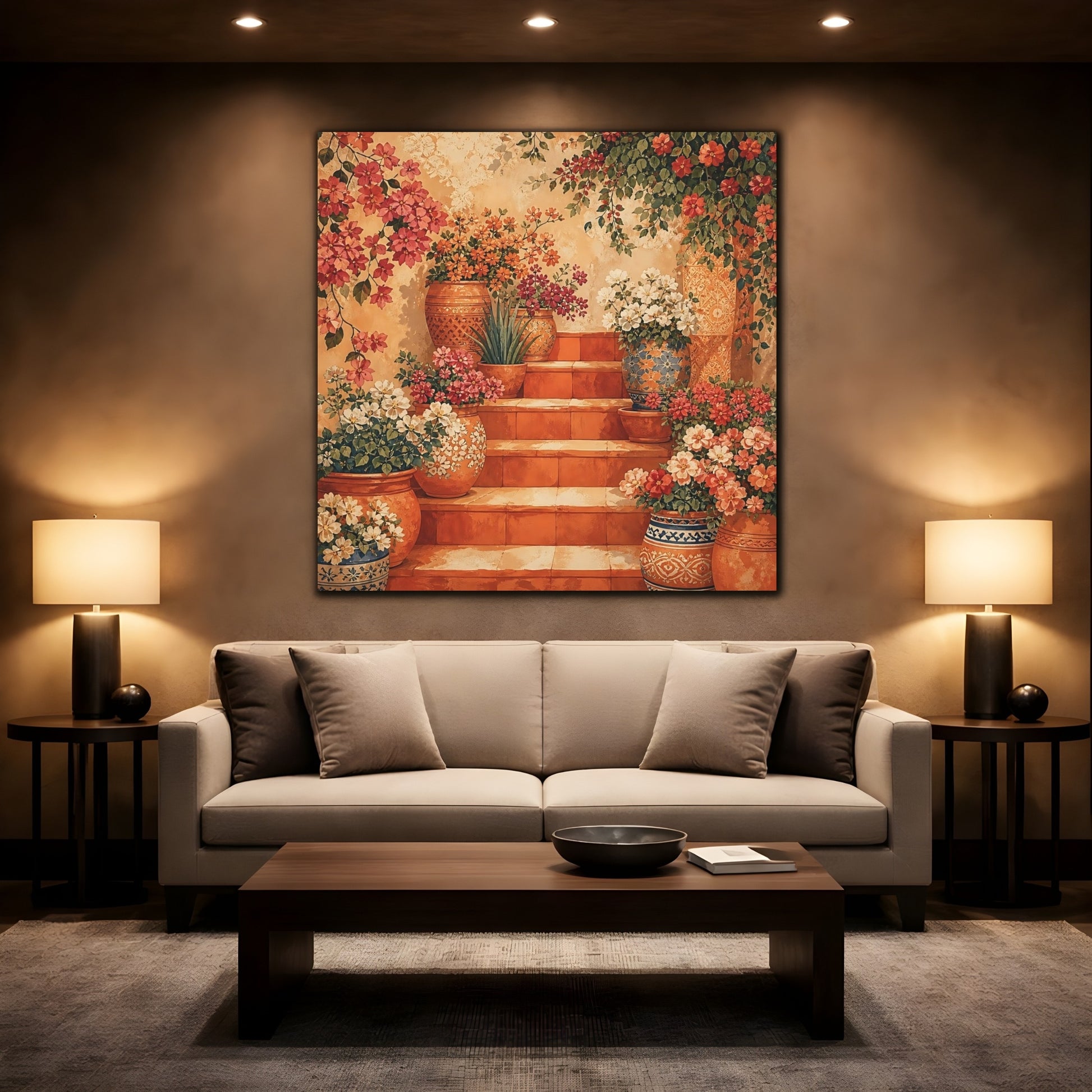 Mockup 2. Floral Flower Pots Terracotta Floral shown as stretched canvas wall art