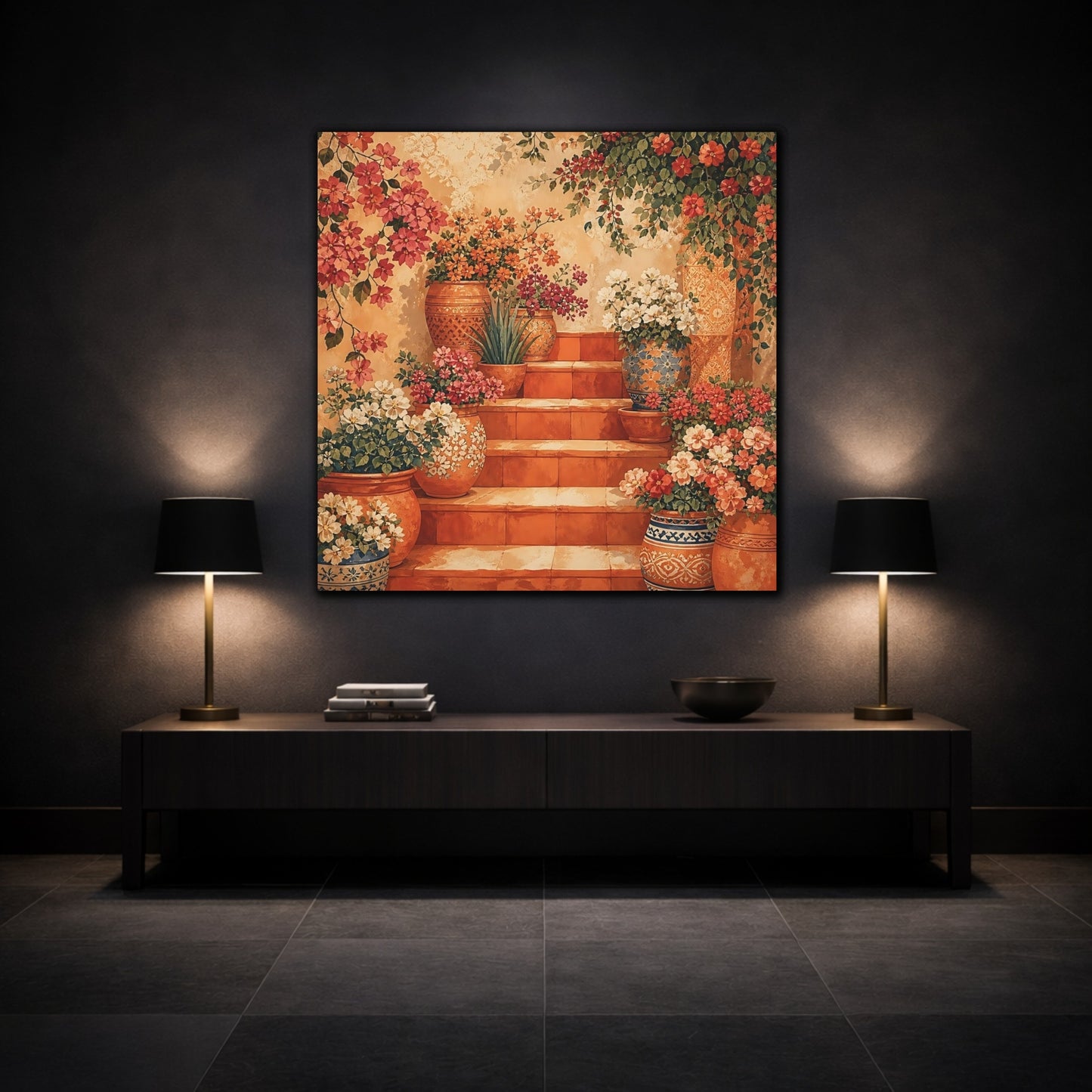 Mockup 3. Floral Flower Pots Terracotta Floral shown as stretched canvas wall art