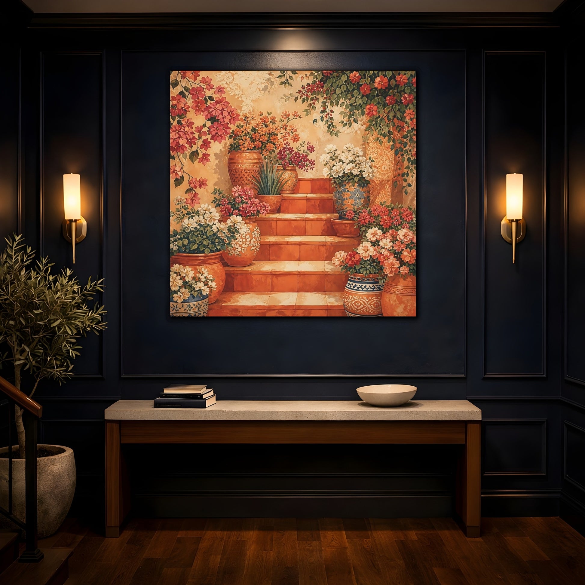 Mockup 4. Floral Flower Pots Terracotta Floral shown as stretched canvas wall art