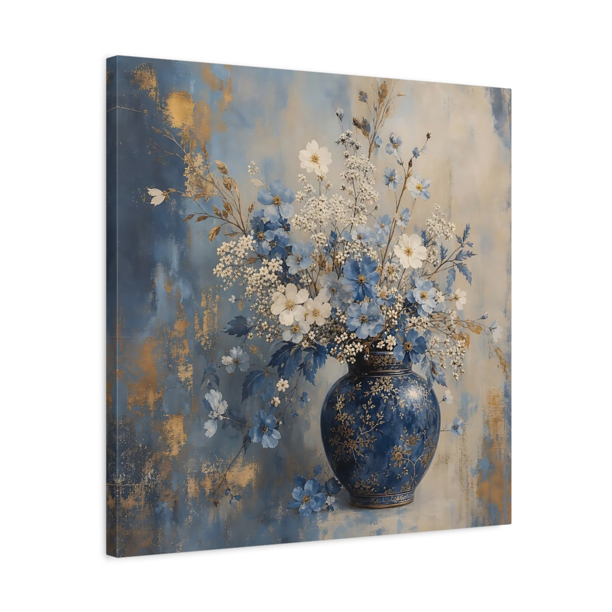 Side Mockup 4. Floral Flower Vase Blue And Gold Floral shown as stretched canvas wall art