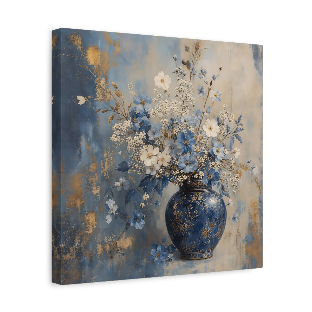 Side Mockup 7. Floral Flower Vase Blue And Gold Floral shown as stretched canvas wall art