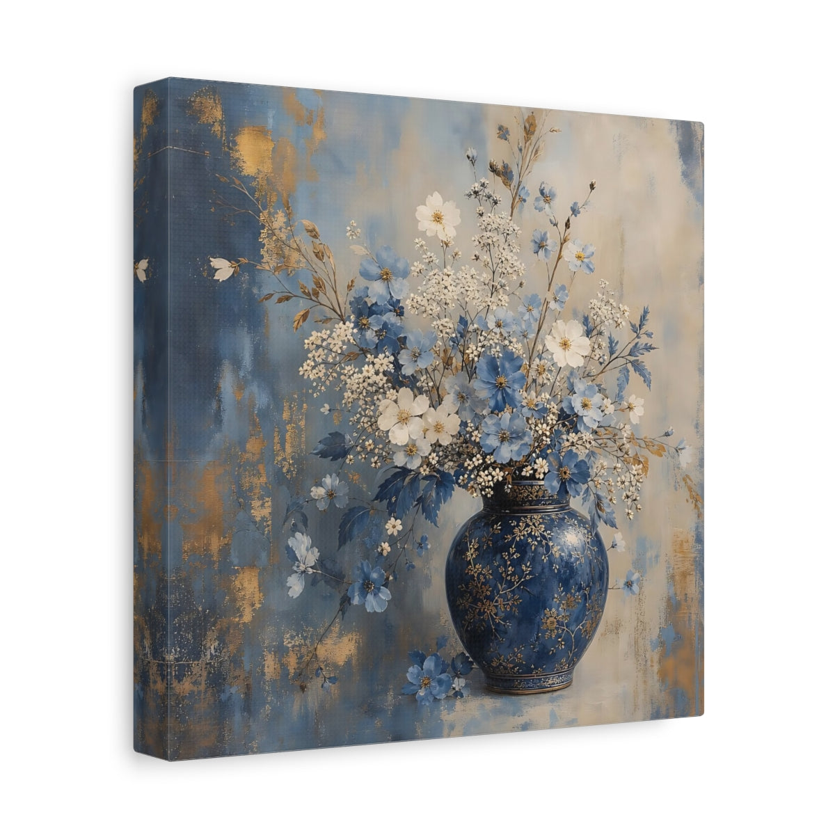 Side Mockup 9. Floral Flower Vase Blue And Gold Floral shown as stretched canvas wall art