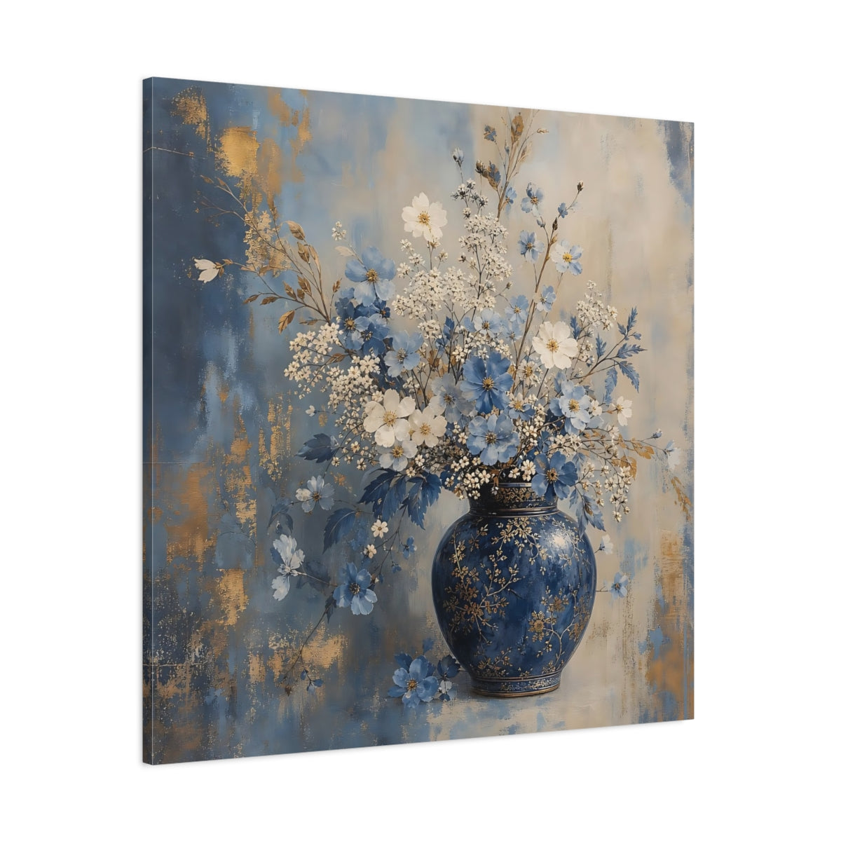 Side Mockup 1. Floral Flower Vase Blue And Gold Floral shown as stretched canvas wall art