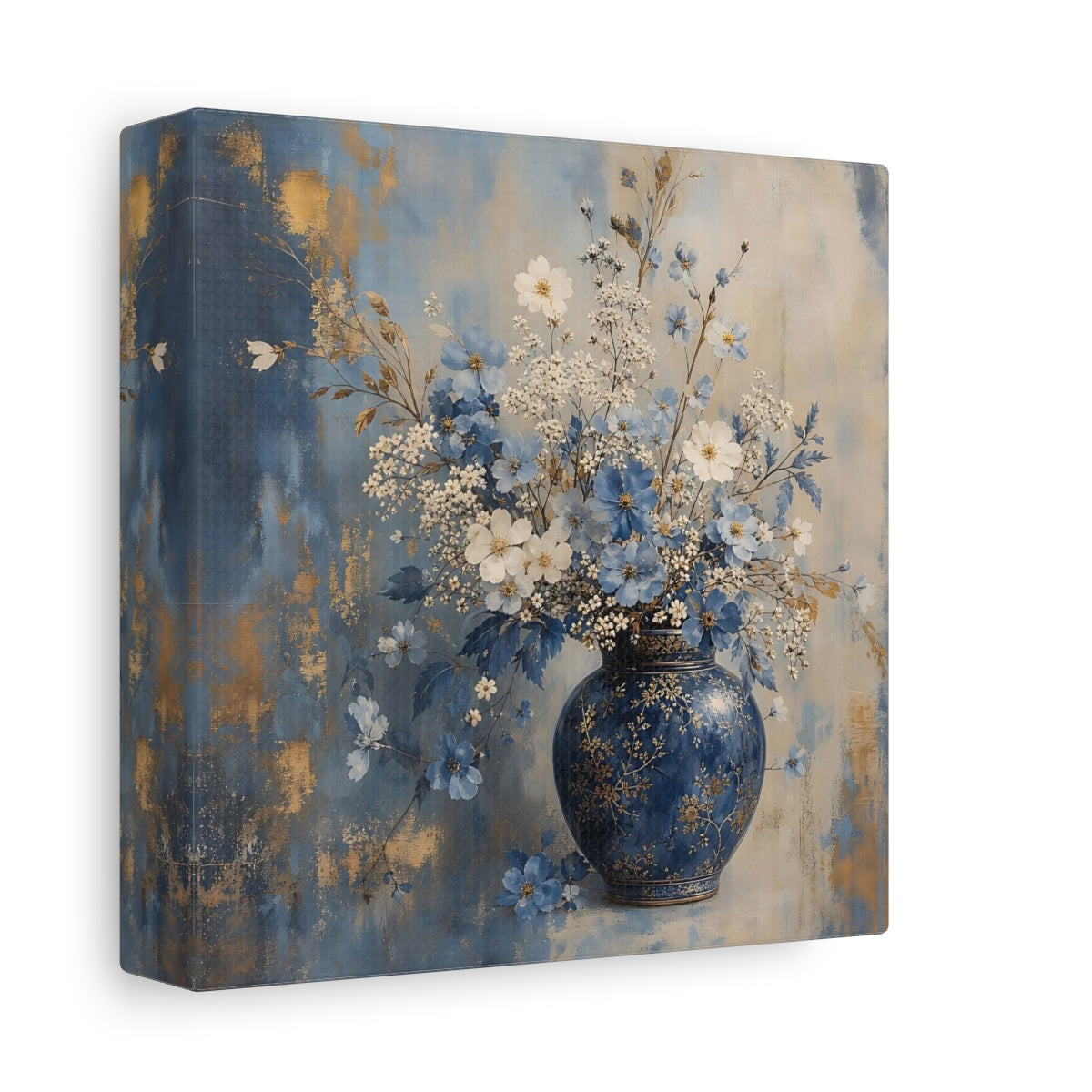Side Mockup 2. Floral Flower Vase Blue And Gold Floral shown as stretched canvas wall art