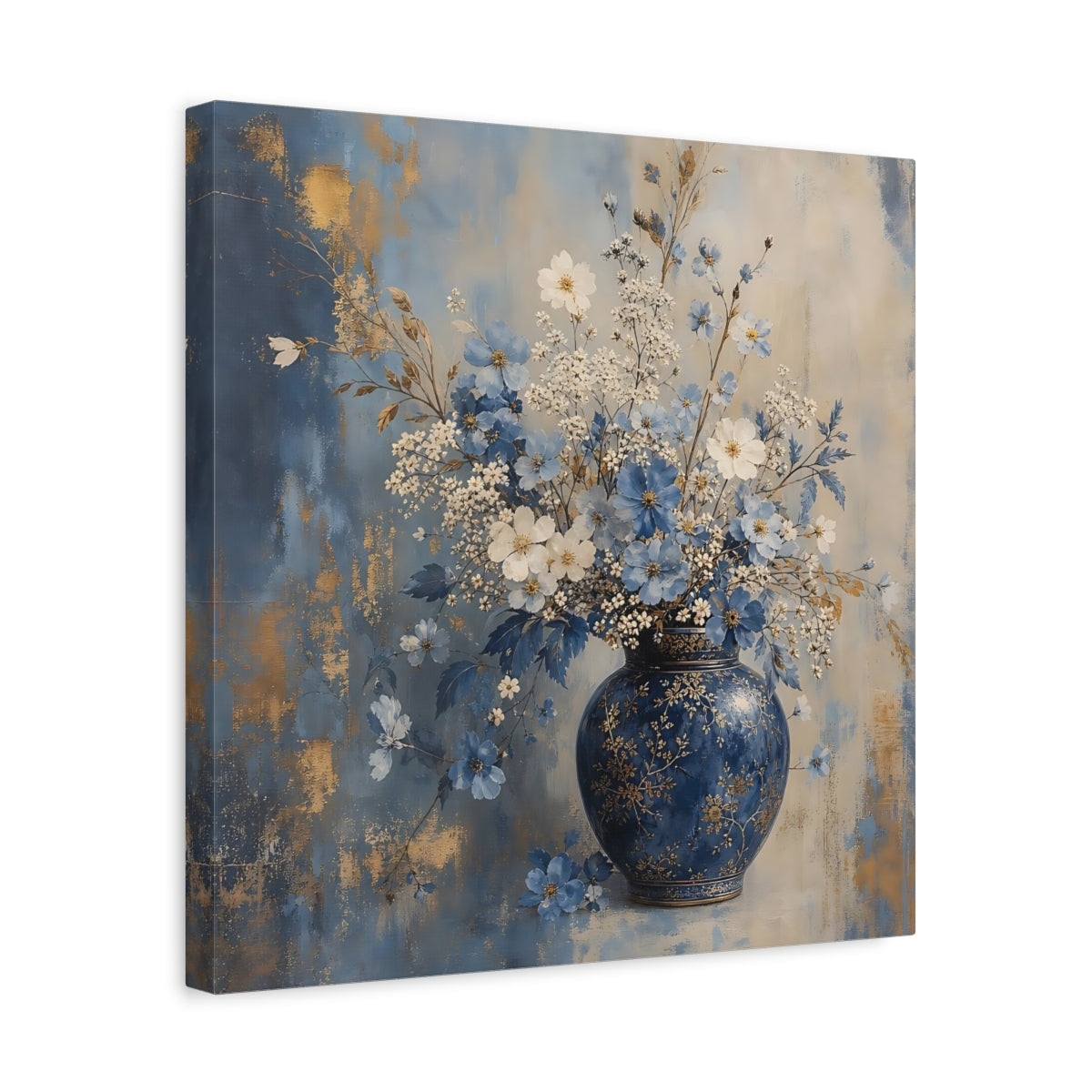 Side Mockup 6. Floral Flower Vase Blue And Gold Floral shown as stretched canvas wall art