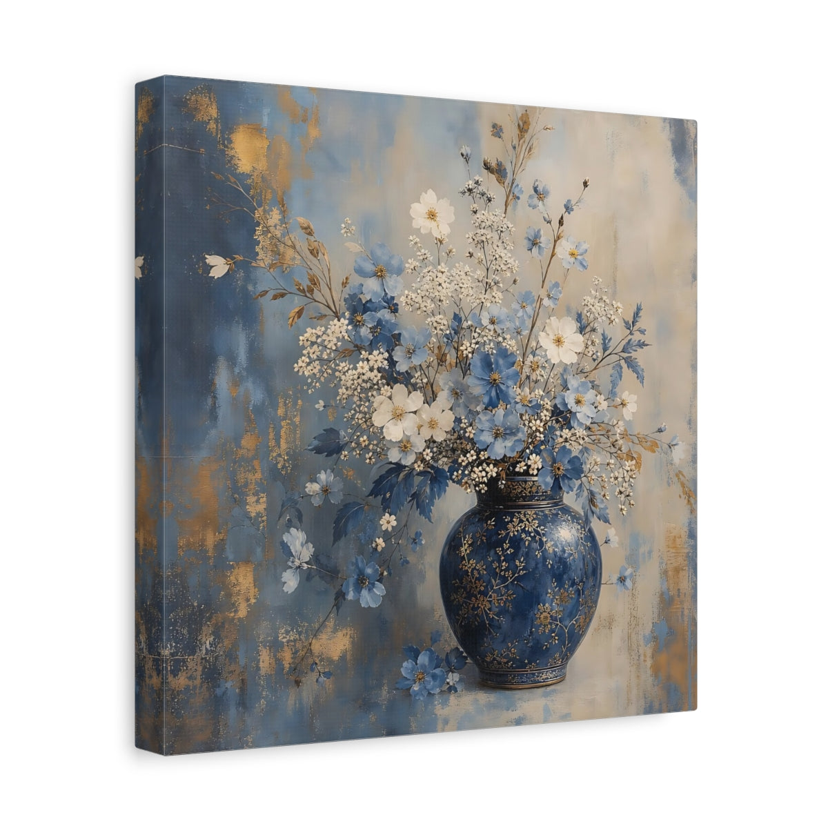 Side Mockup 8. Floral Flower Vase Blue And Gold Floral shown as stretched canvas wall art
