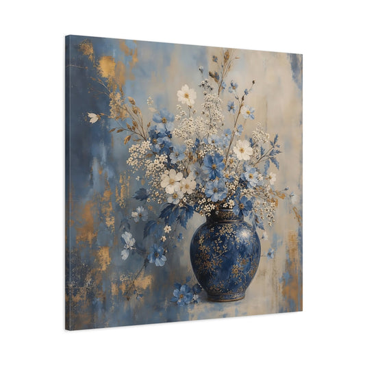 Main Mockup. Floral Flower Vase Blue And Gold Floral shown as stretched canvas wall art