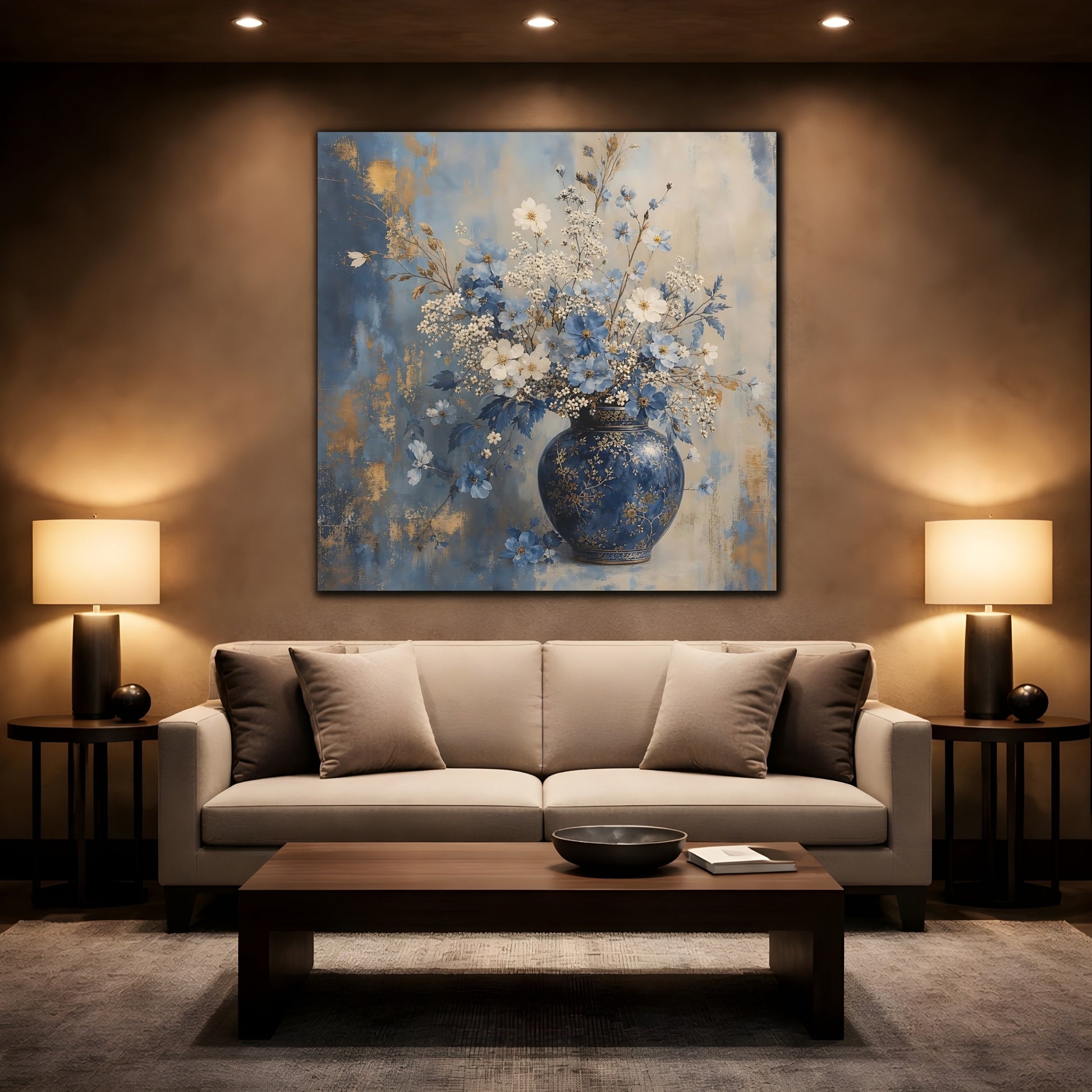 Mockup 2. Floral Flower Vase Blue And Gold Floral shown as stretched canvas wall art