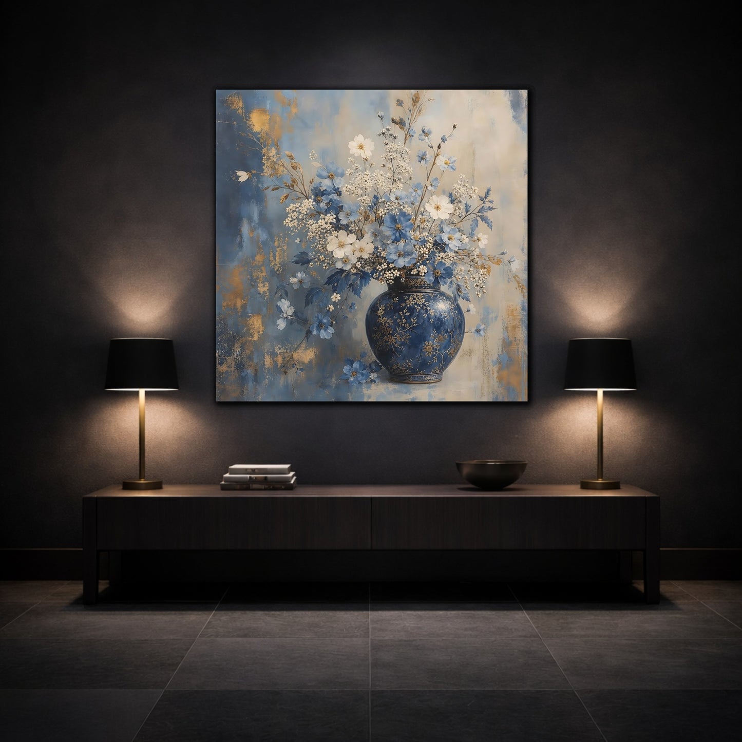 Mockup 3. Floral Flower Vase Blue And Gold Floral shown as stretched canvas wall art