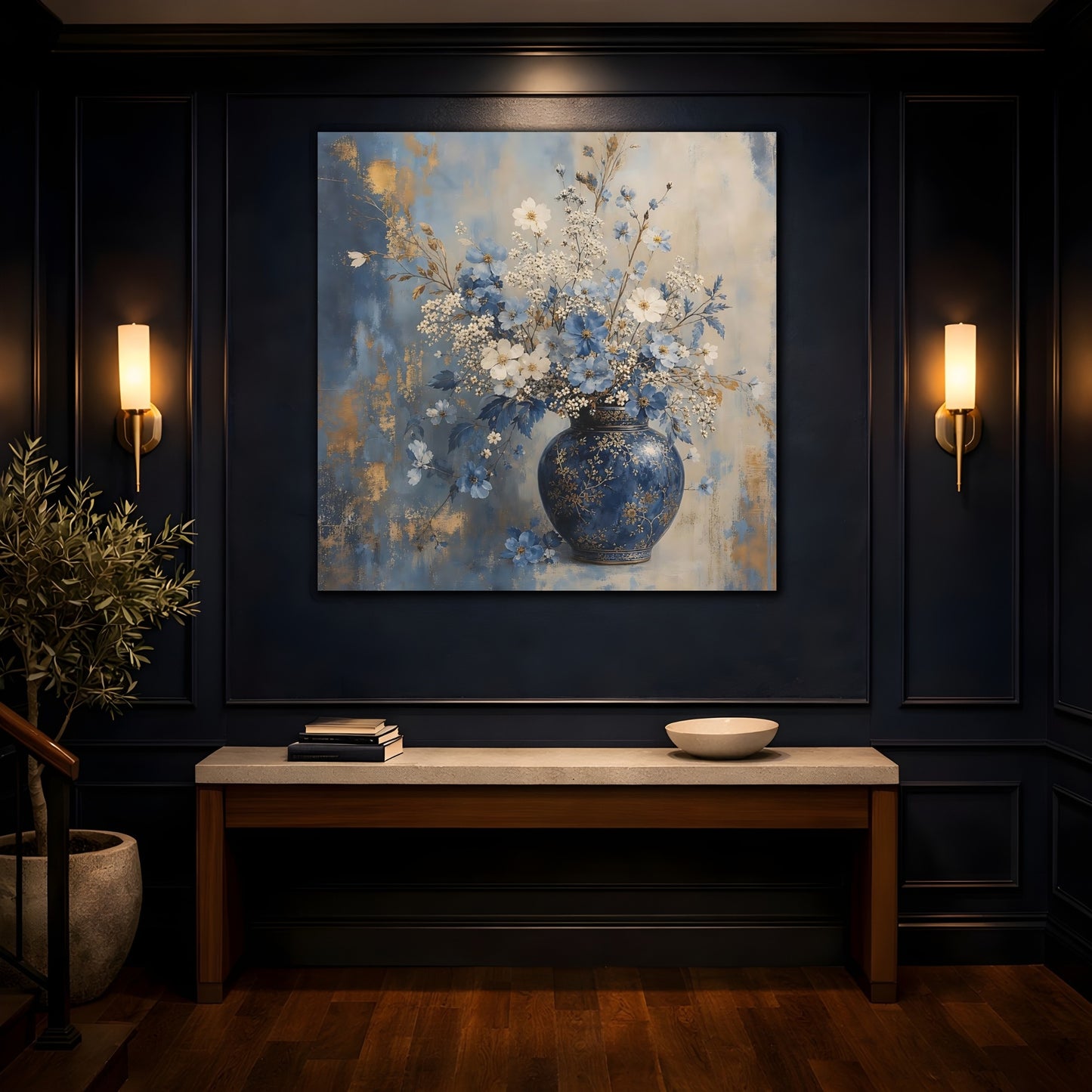 Mockup 4. Floral Flower Vase Blue And Gold Floral shown as stretched canvas wall art