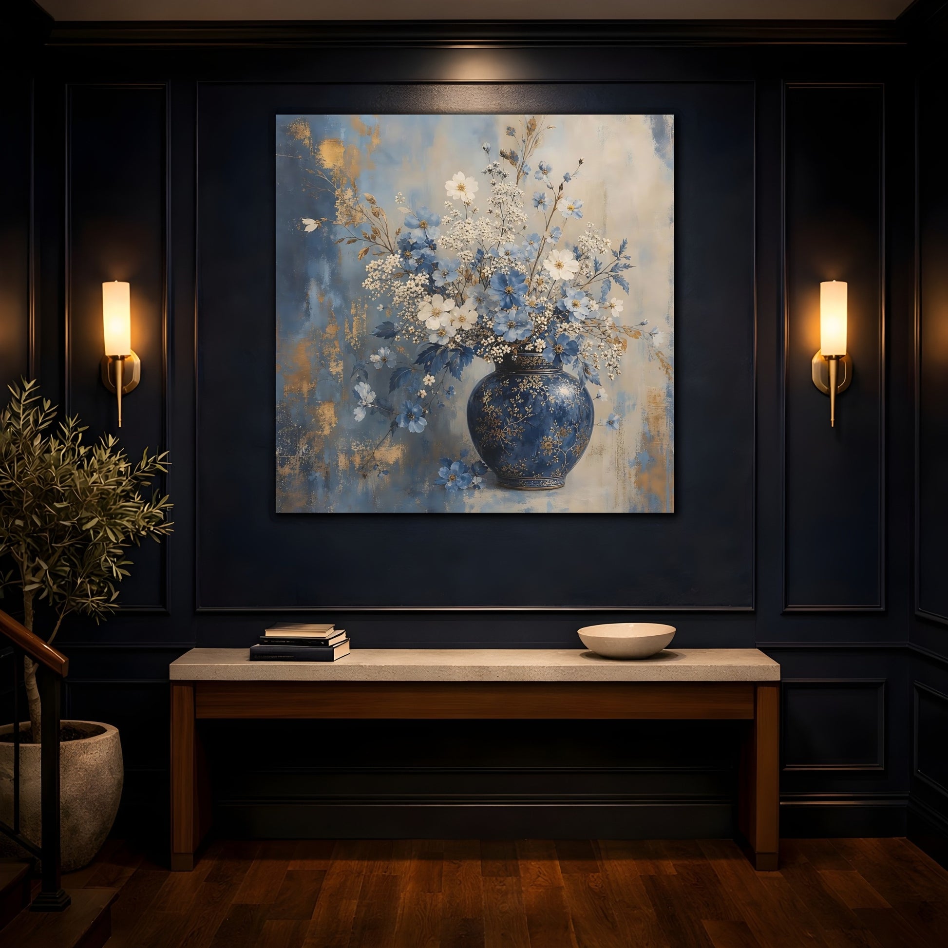 Mockup 4. Floral Flower Vase Blue And Gold Floral shown as stretched canvas wall art
