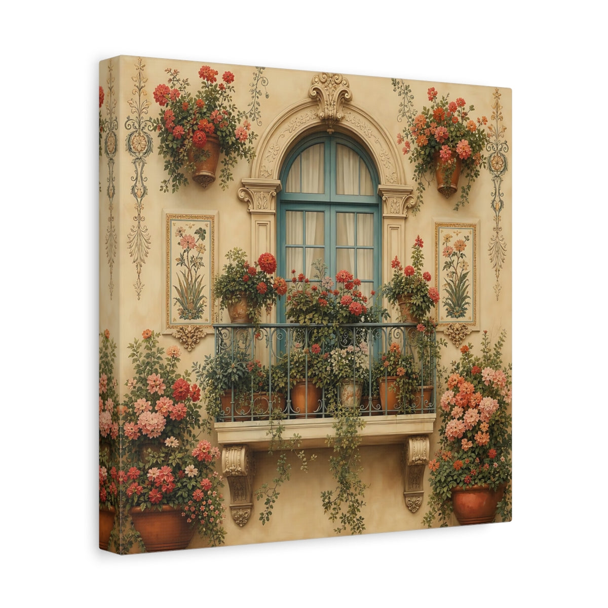 Side Mockup 8. Floral Flowered Balcony Floral Balcony shown as stretched canvas wall art
