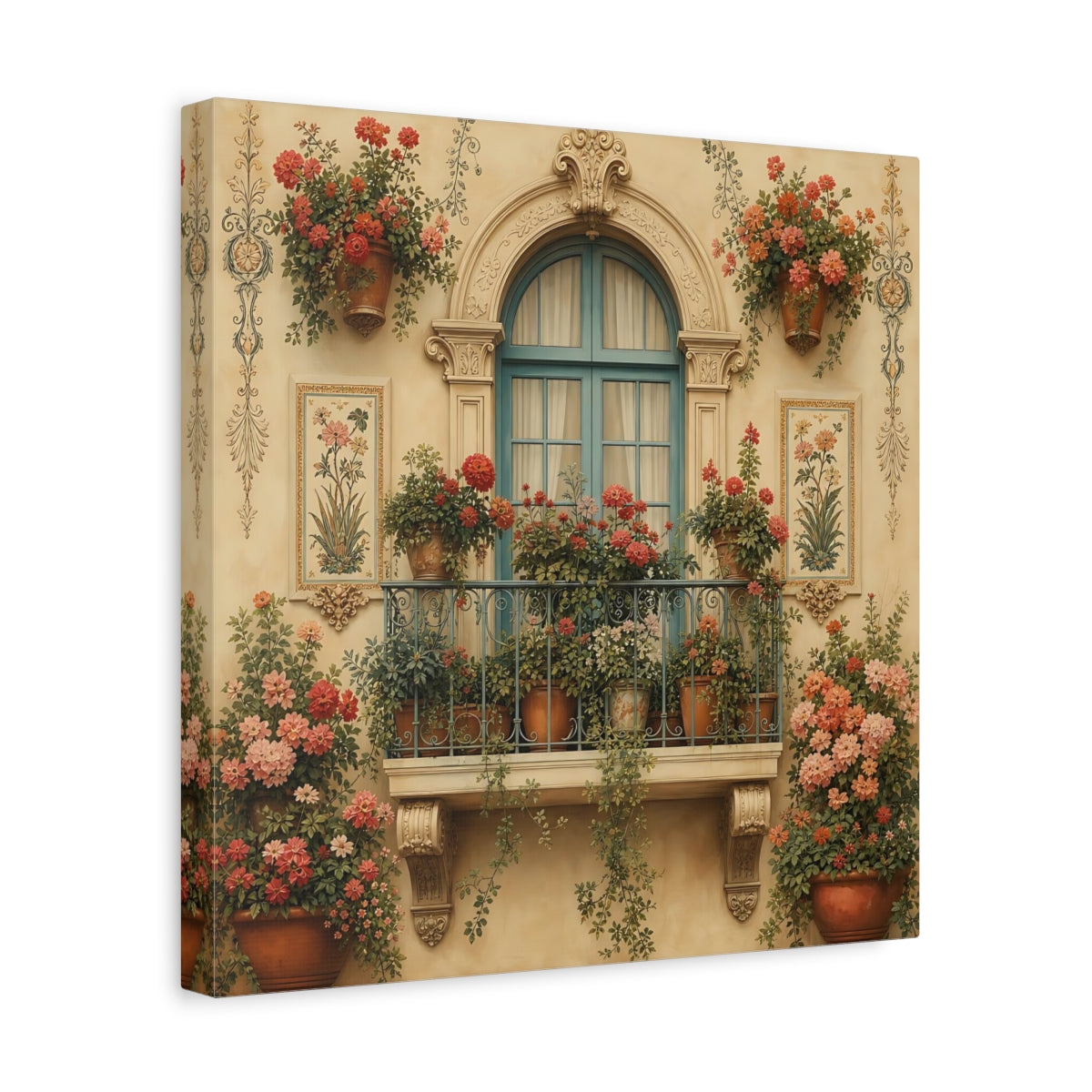Side Mockup 7. Floral Flowered Balcony Floral Balcony shown as stretched canvas wall art