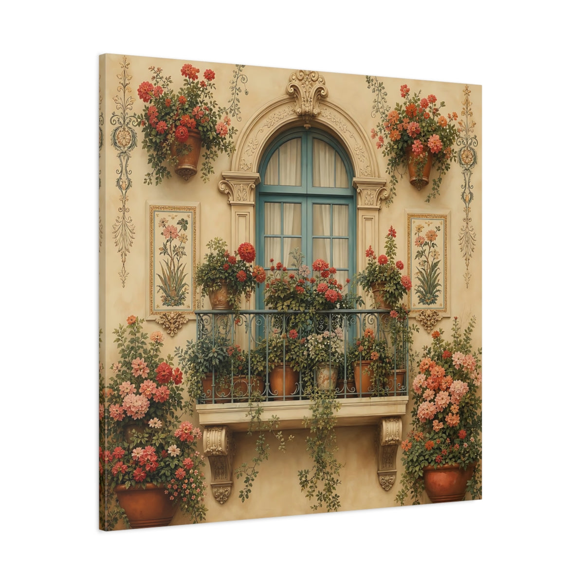 Side Mockup 1. Floral Flowered Balcony Floral Balcony shown as stretched canvas wall art