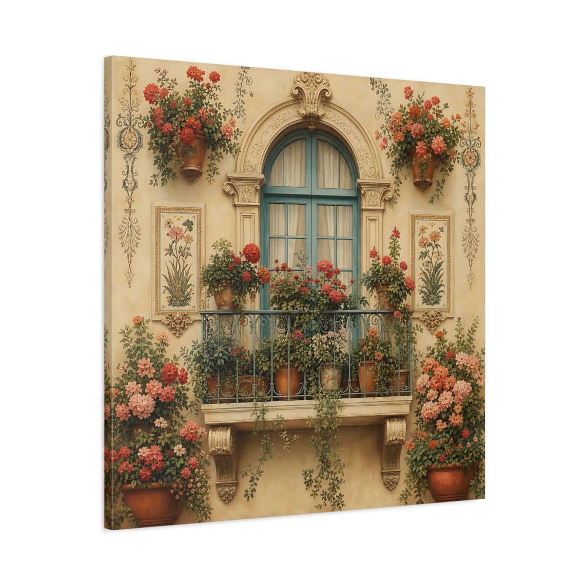 Main Mockup. Floral Flowered Balcony Floral Balcony shown as stretched canvas wall art