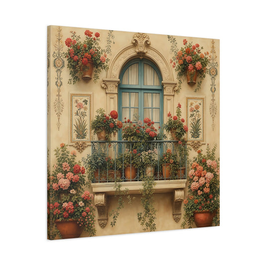 Main Mockup. Floral Flowered Balcony Floral Balcony shown as stretched canvas wall art