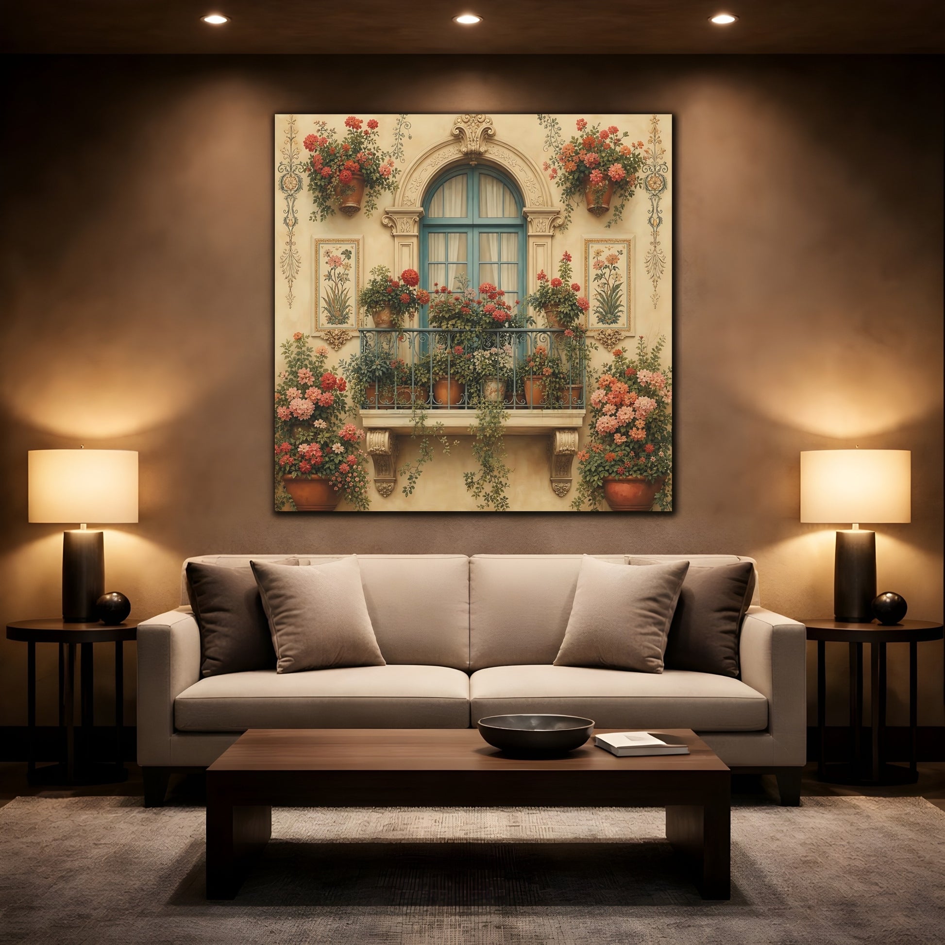 Mockup 2. Floral Flowered Balcony Floral Balcony shown as stretched canvas wall art