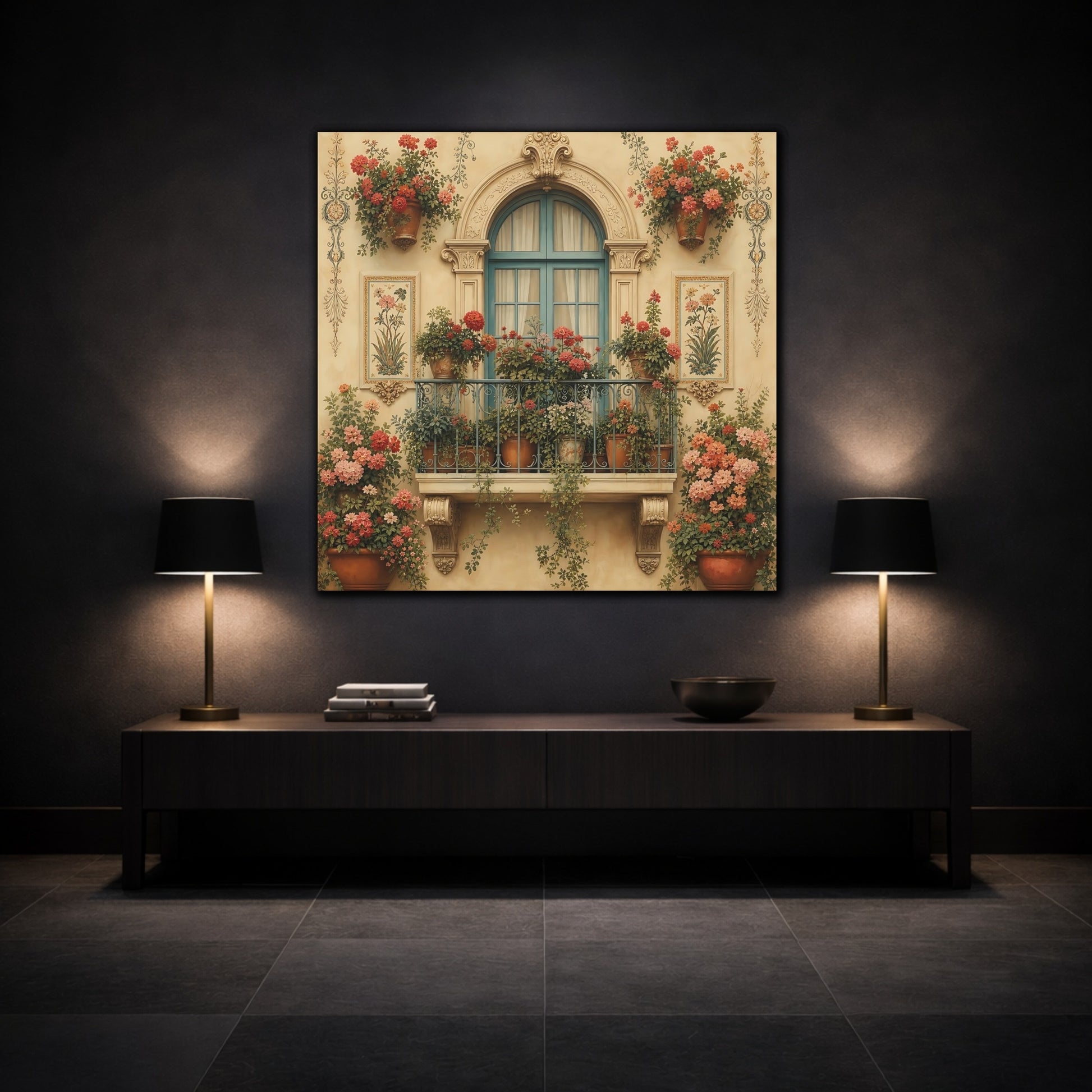Mockup 3. Floral Flowered Balcony Floral Balcony shown as stretched canvas wall art