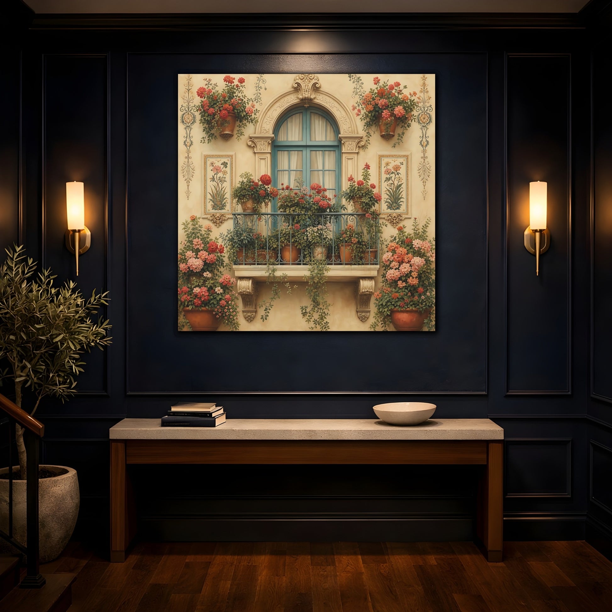 Mockup 4. Floral Flowered Balcony Floral Balcony shown as stretched canvas wall art