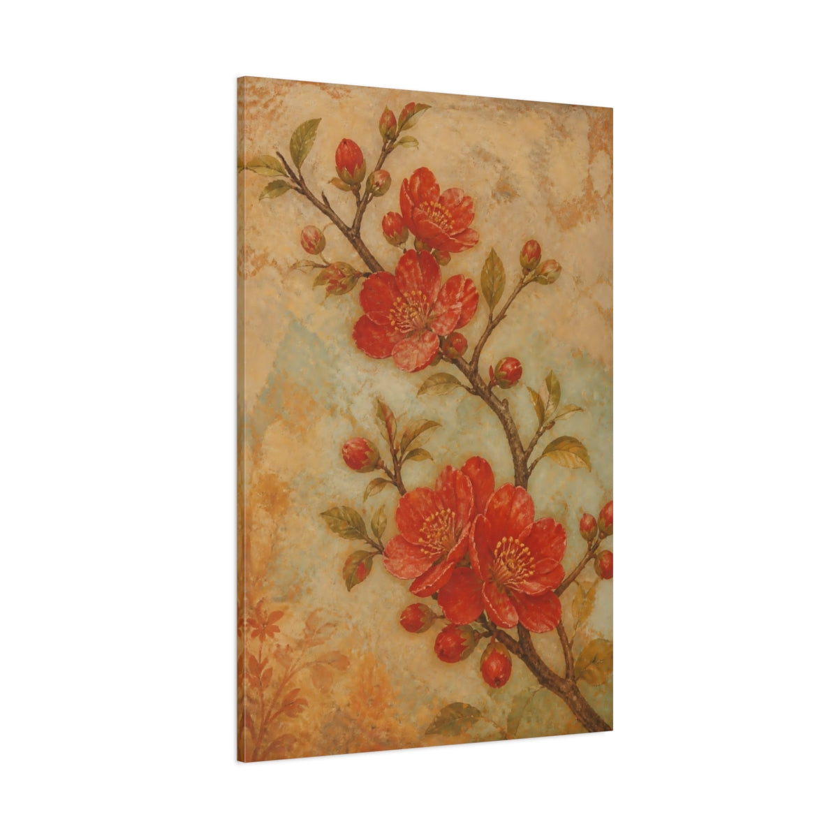 Side Mockup 1. Floral Flowering Branch Red Floral shown as canvas print