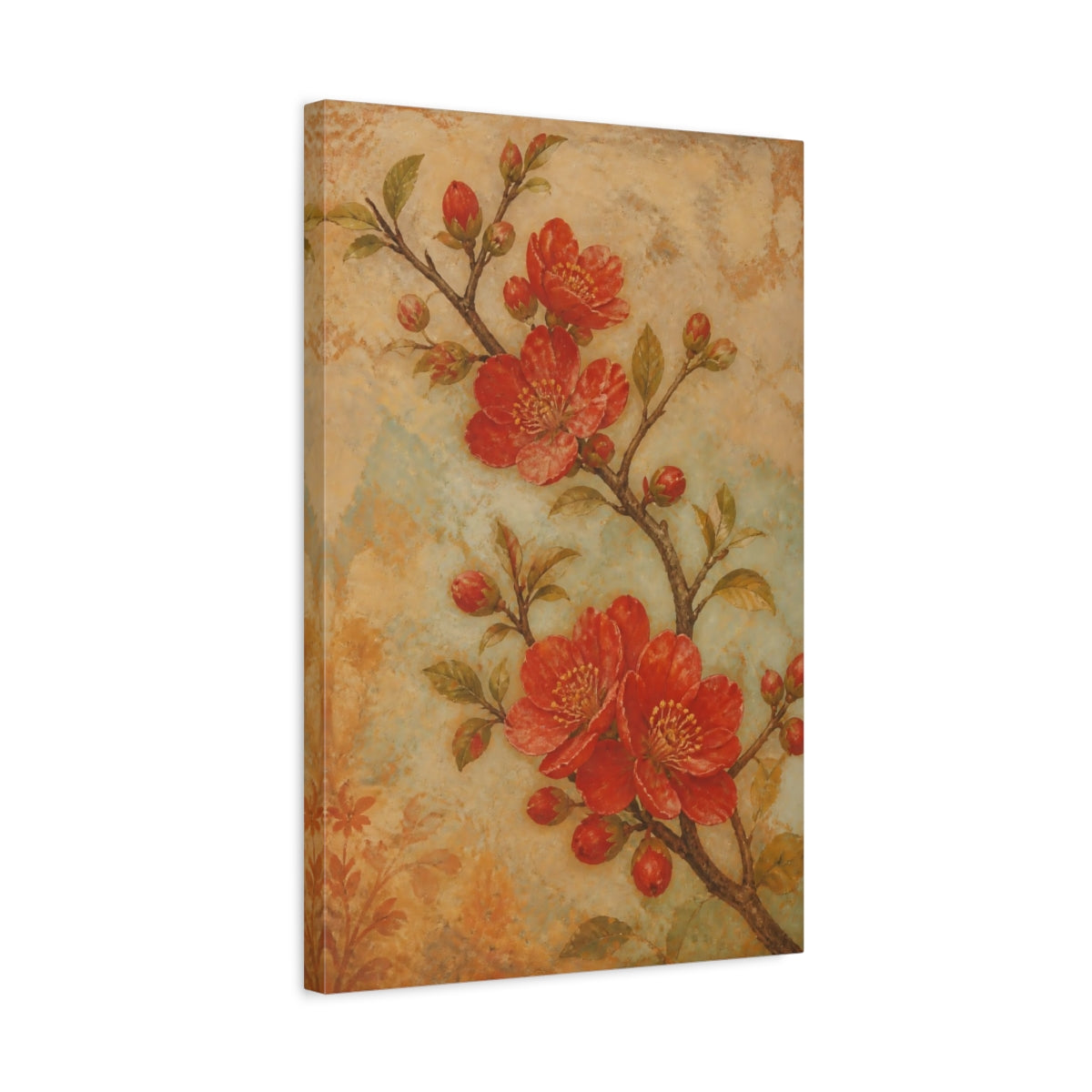 Side Mockup 3. Floral Flowering Branch Red Floral shown as canvas print