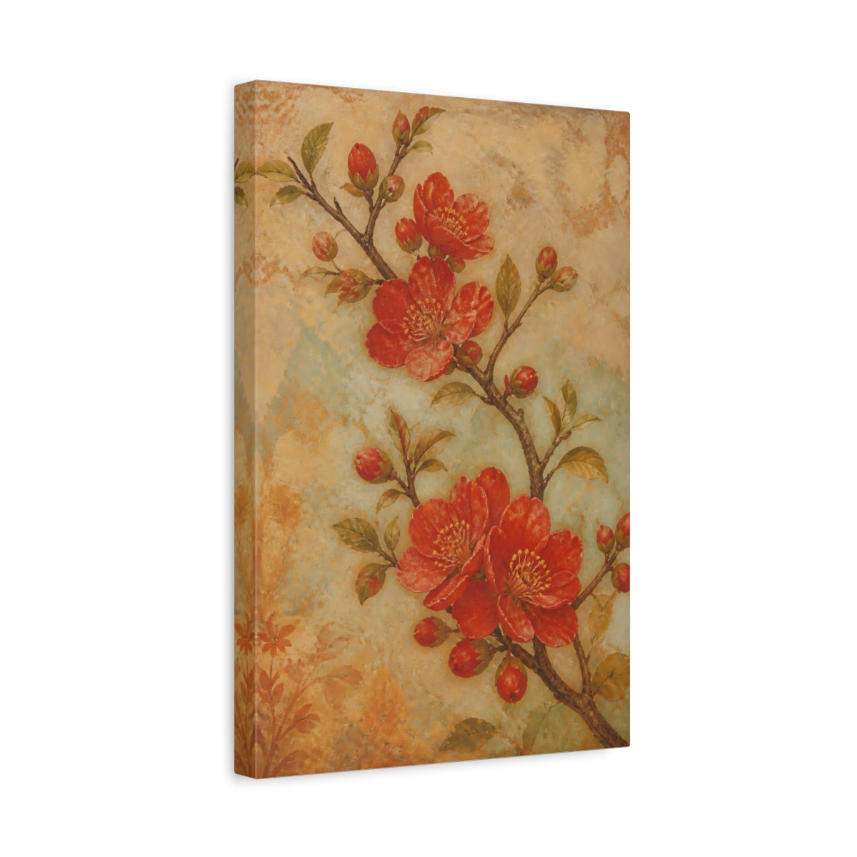 Side Mockup 4. Floral Flowering Branch Red Floral shown as canvas print