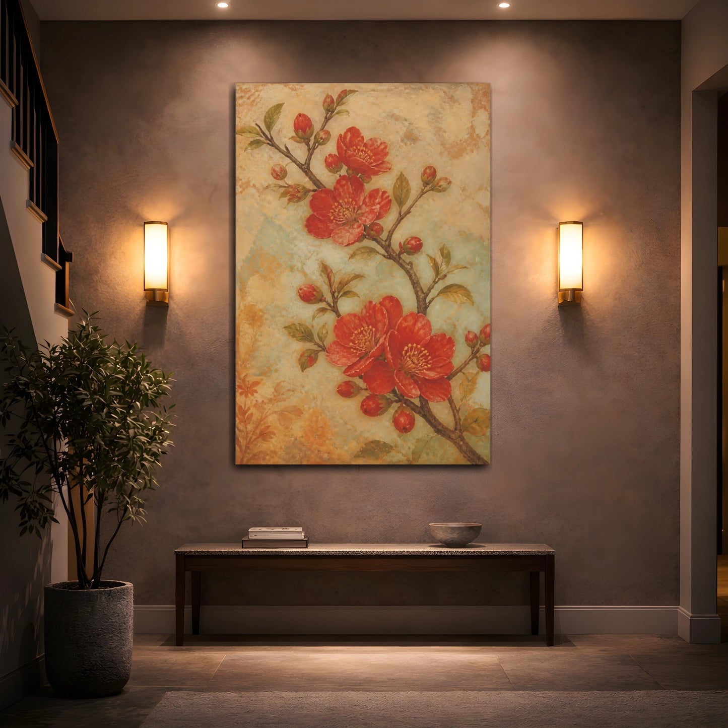 Mockup 2. Floral Flowering Branch Red Floral shown as canvas print
