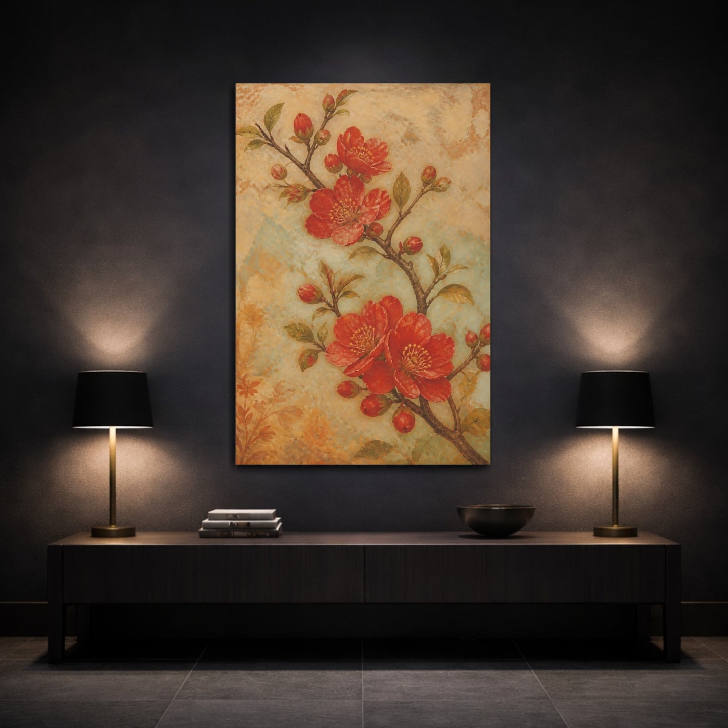 Mockup 3. Floral Flowering Branch Red Floral shown as canvas print
