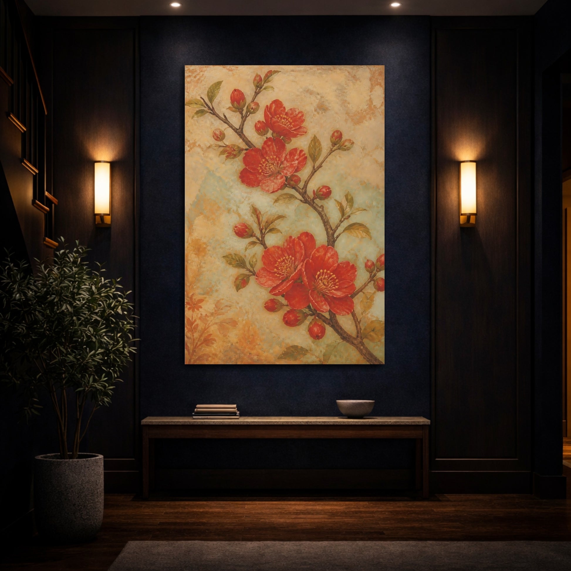 Mockup 4. Floral Flowering Branch Red Floral shown as canvas print
