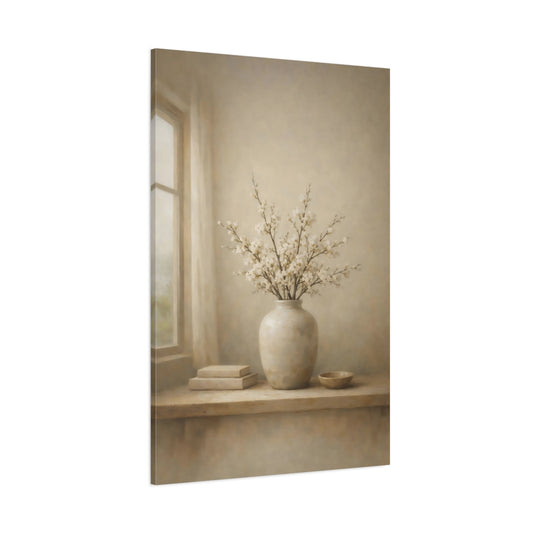 Main Mockup. Floral Flowering Branches Beige And White shown as stretched canvas wall art