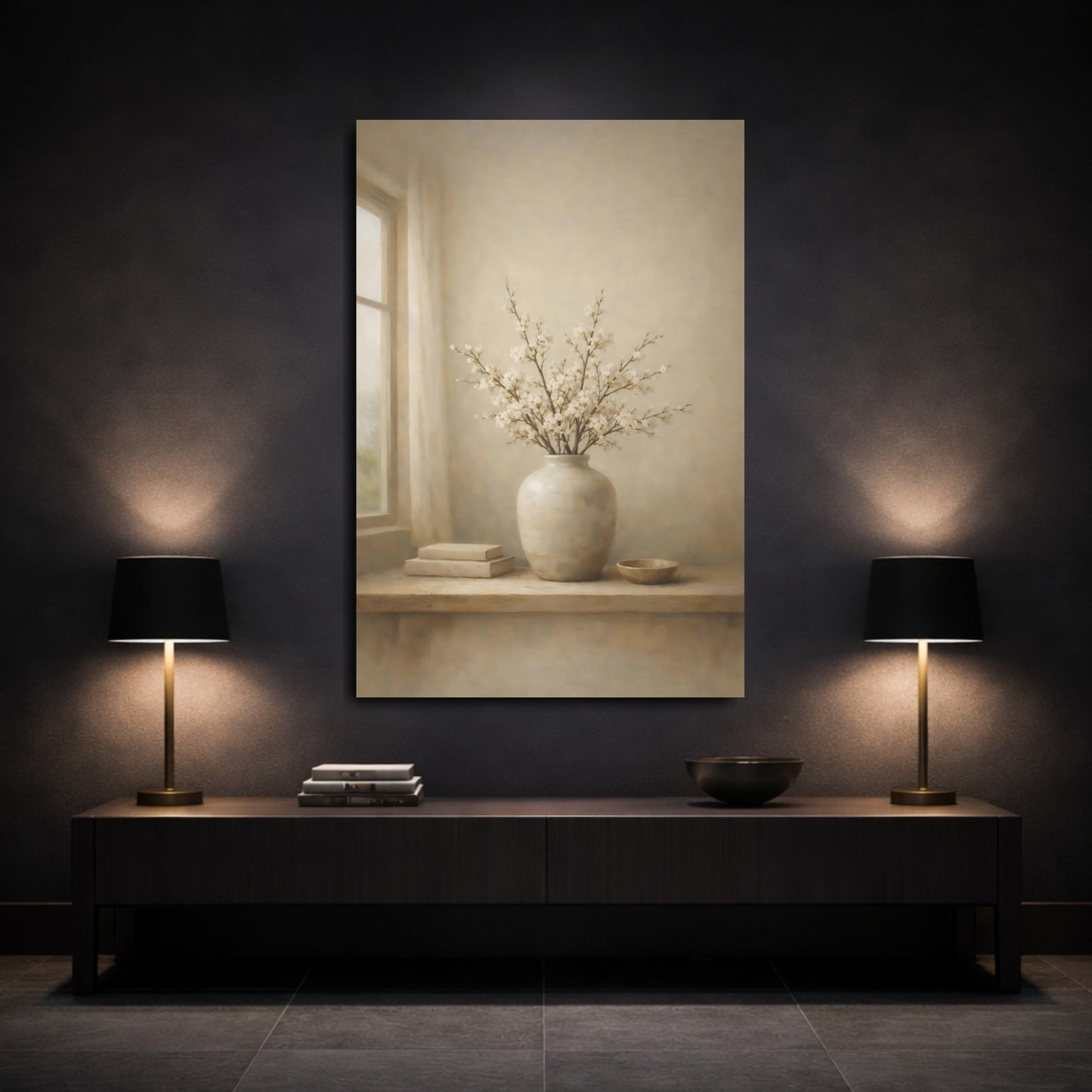 Mockup 2. Floral Flowering Branches Beige And White shown as stretched canvas wall art
