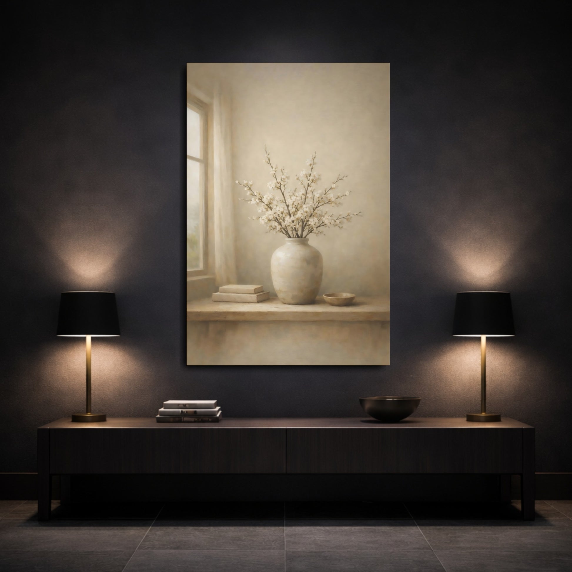 Mockup 2. Floral Flowering Branches Beige And White shown as stretched canvas wall art