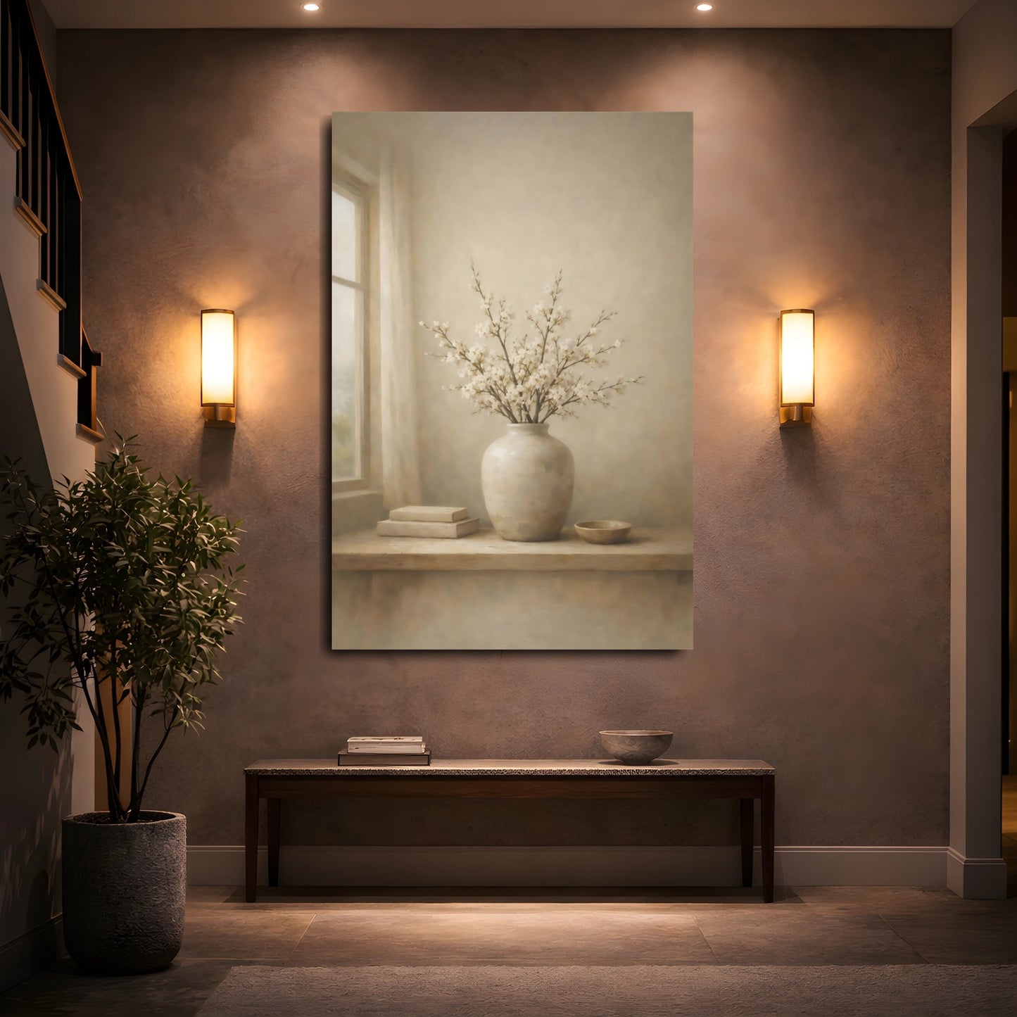 Mockup 4. Floral Flowering Branches Beige And White shown as stretched canvas wall art