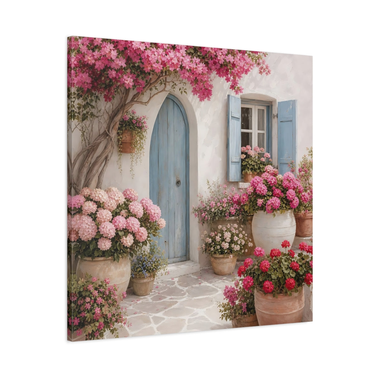Main Mockup. Floral Flowering Facade Pink And Blue shown as stretched canvas wall art