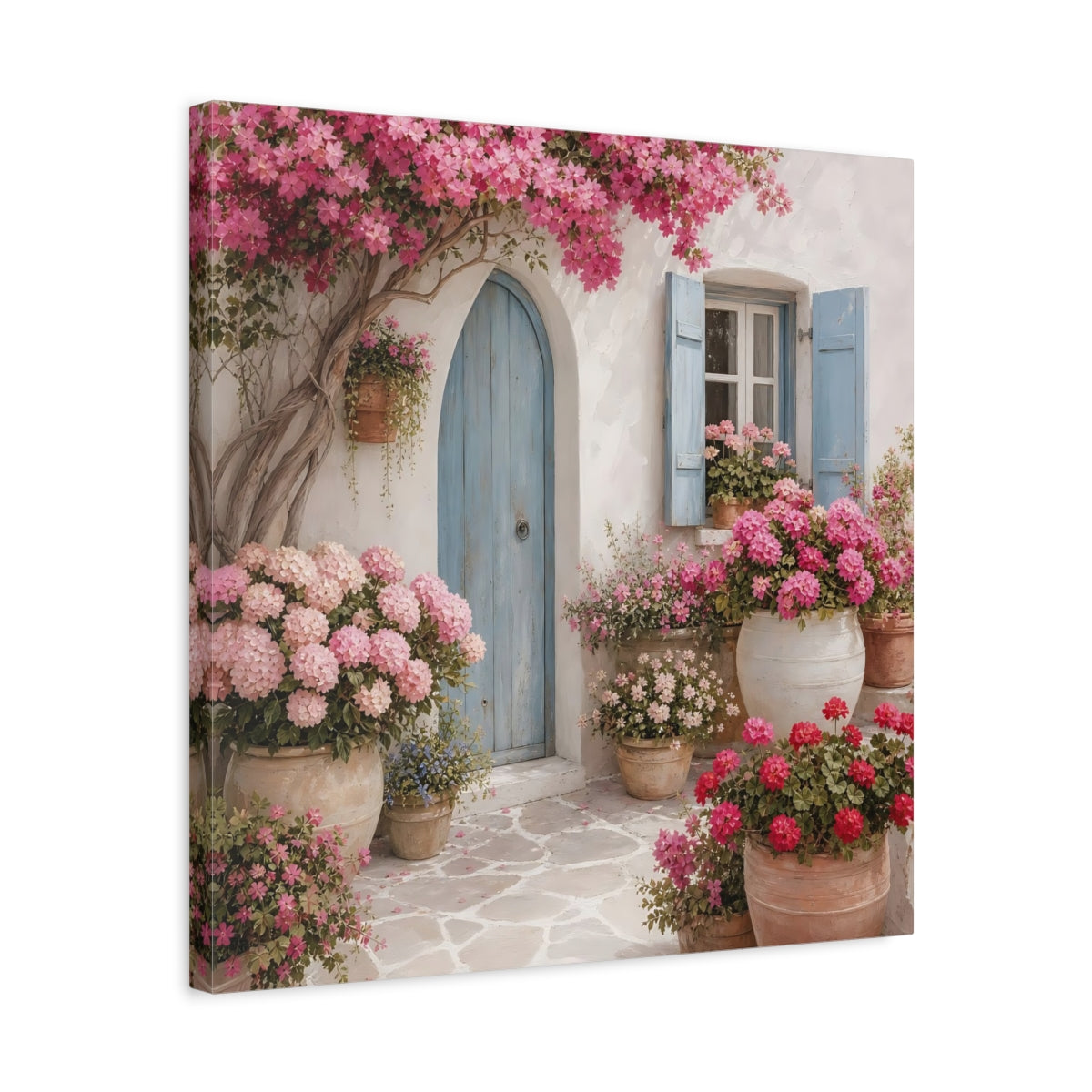 Side Mockup 5. Floral Flowering Facade Pink And Blue shown as stretched canvas wall art