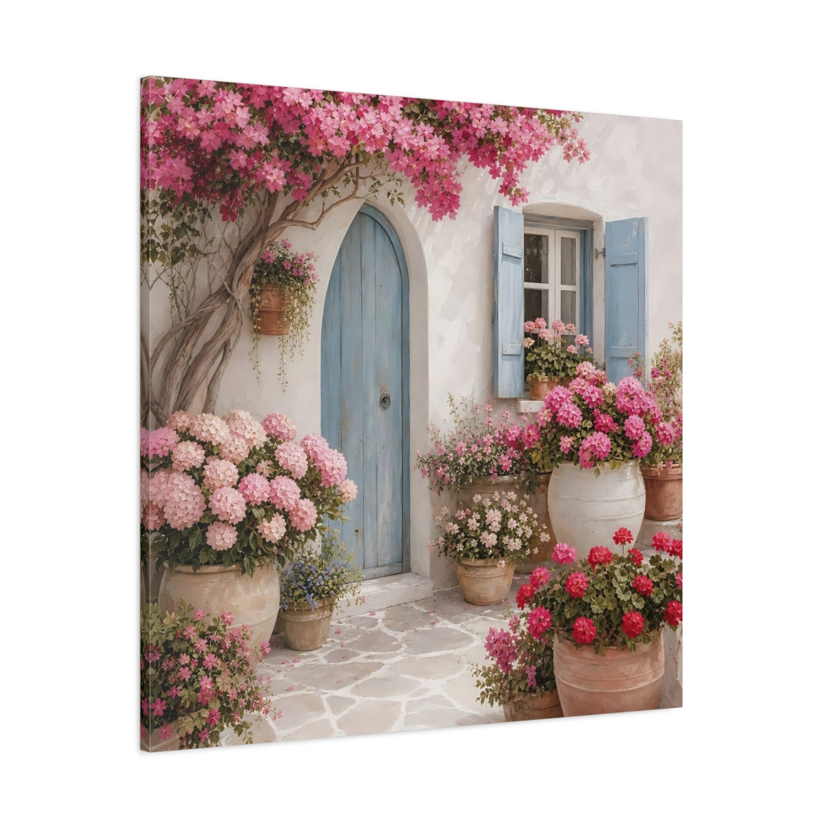 Side Mockup 1. Floral Flowering Facade Pink And Blue shown as stretched canvas wall art